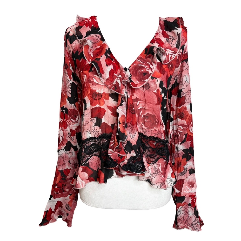Allison Taylor Y2K Floral Sheer Ruffle Top L Red Black Open Whimsigoth Romantic